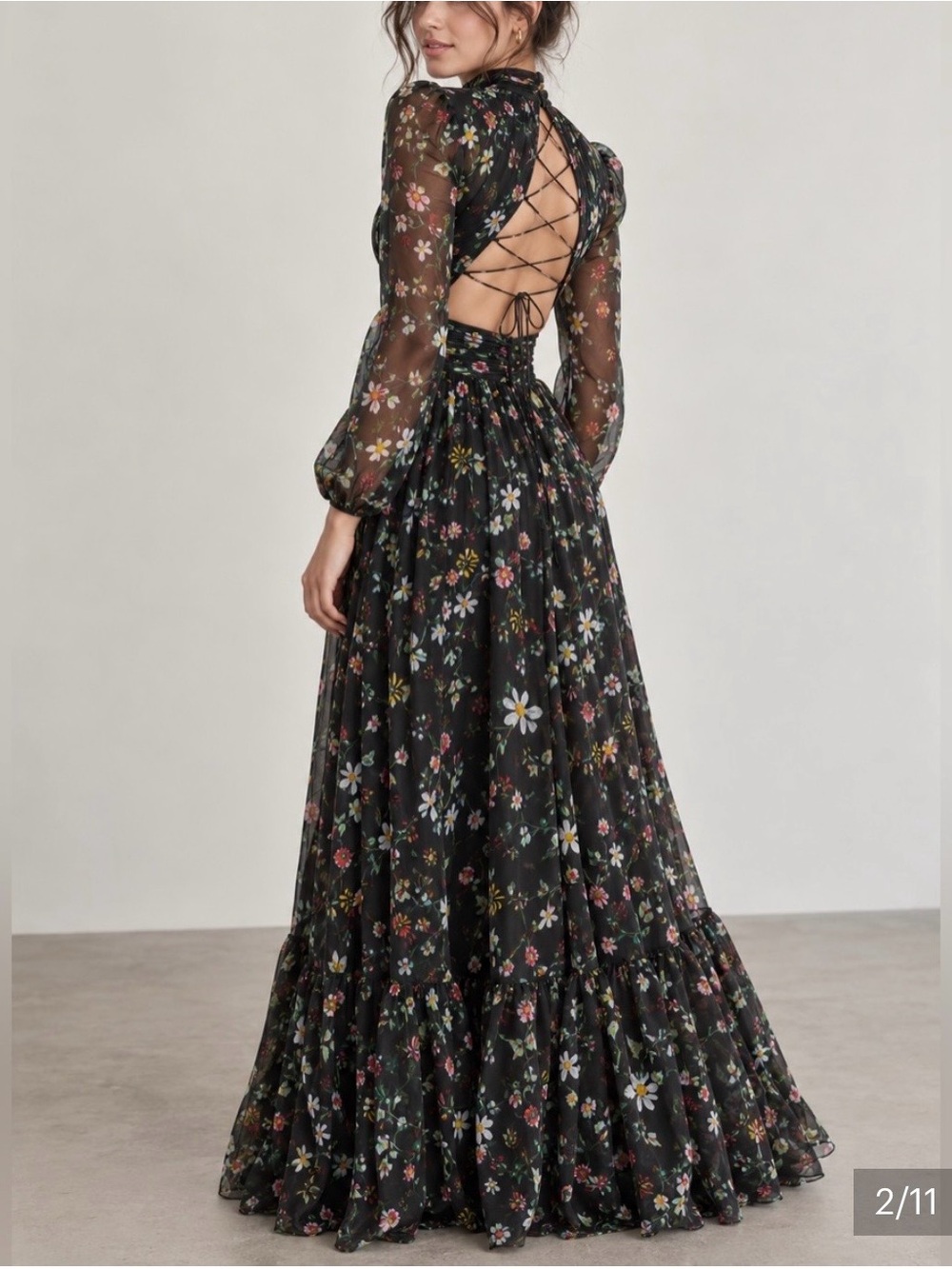 Mac Duggal Black Floral Sheer Long-Sleeve Keyhole Maxi Dress Size 2 Style 67942 - Picture 2 of 11